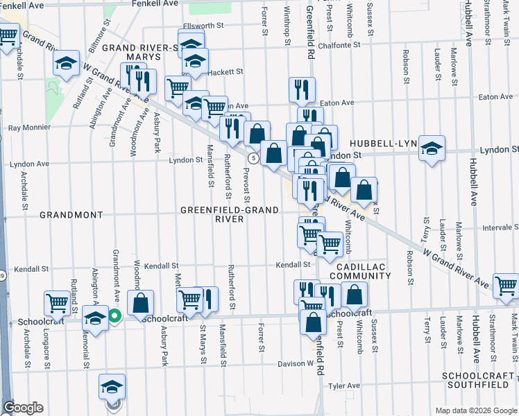 map of restaurants, bars, coffee shops, grocery stores, and more near 14246 Prevost Street in Detroit