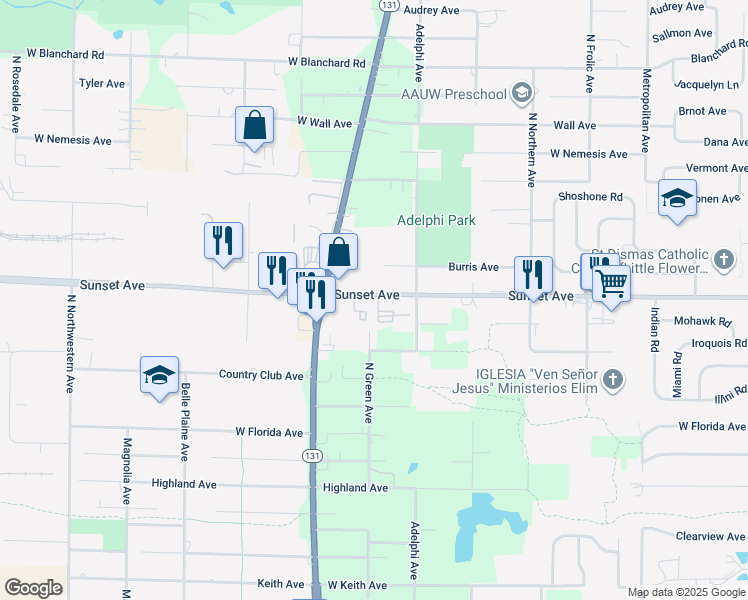 map of restaurants, bars, coffee shops, grocery stores, and more near 3227 Sunset Avenue in Waukegan