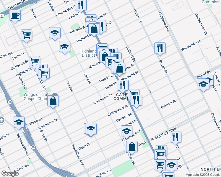 map of restaurants, bars, coffee shops, grocery stores, and more near 90 Burlingame Street in Detroit