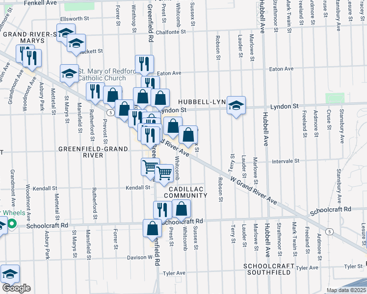 map of restaurants, bars, coffee shops, grocery stores, and more near 15245 Grand River Avenue in Detroit