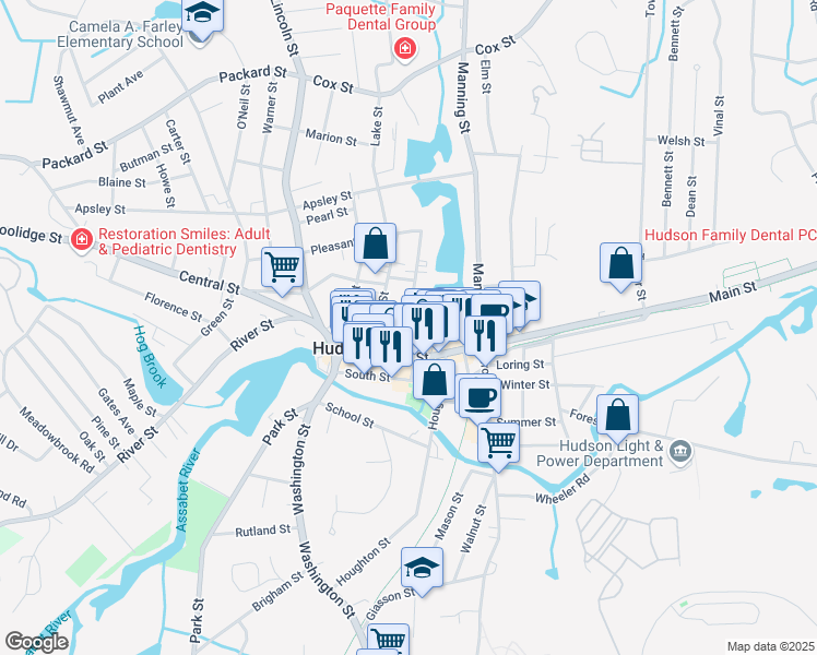 map of restaurants, bars, coffee shops, grocery stores, and more near 28 Church Street in Hudson