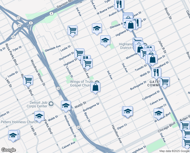 map of restaurants, bars, coffee shops, grocery stores, and more near 262 Elmhurst Street in Highland Park