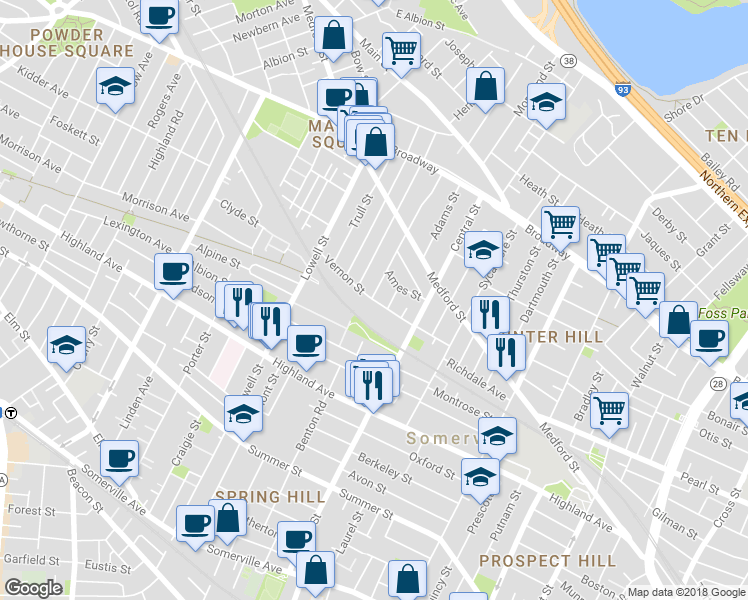 map of restaurants, bars, coffee shops, grocery stores, and more near 48 Vernon St in Somerville