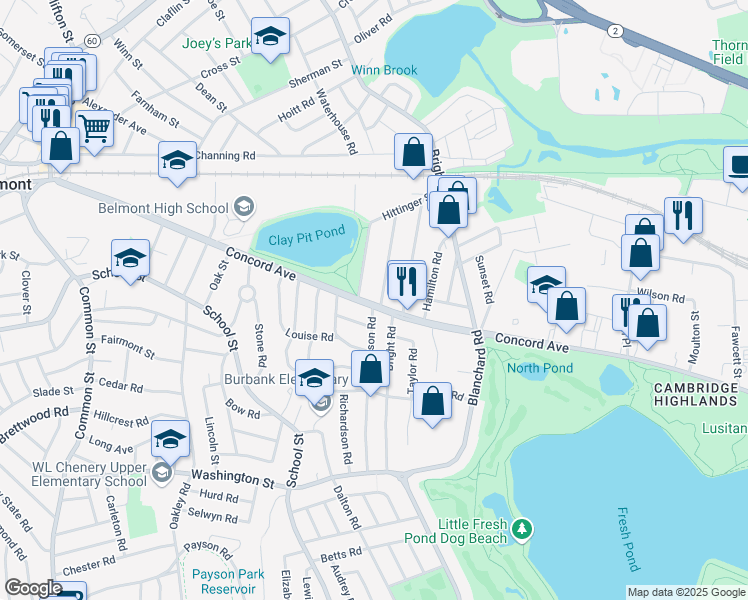map of restaurants, bars, coffee shops, grocery stores, and more near 90 Concord Avenue in Belmont