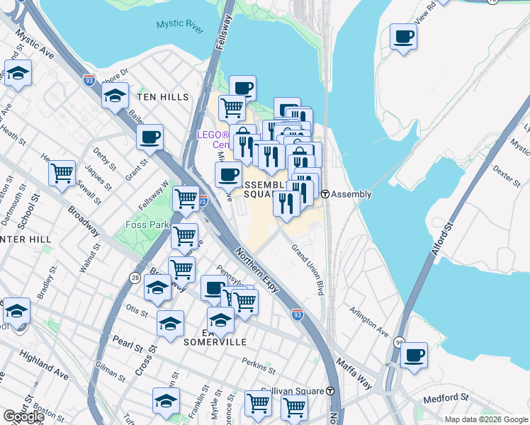 map of restaurants, bars, coffee shops, grocery stores, and more near in Somerville