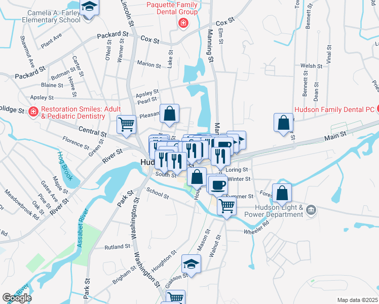 map of restaurants, bars, coffee shops, grocery stores, and more near 21 Church Street in Hudson