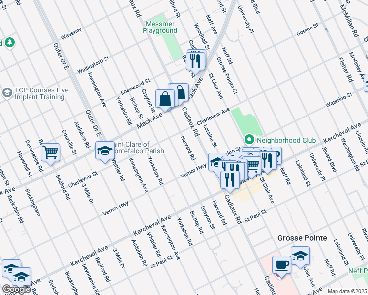 map of restaurants, bars, coffee shops, grocery stores, and more near 1332 Harvard Road in Grosse Pointe