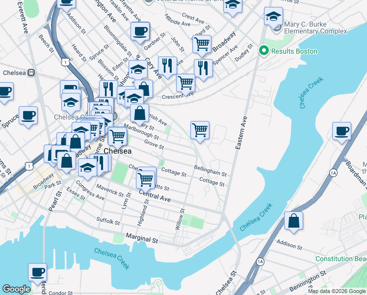 map of restaurants, bars, coffee shops, grocery stores, and more near 154 Grove Street in Chelsea