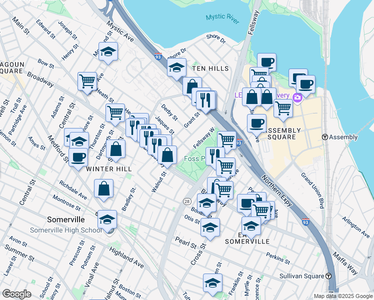 map of restaurants, bars, coffee shops, grocery stores, and more near 18 Fellsway West in Somerville