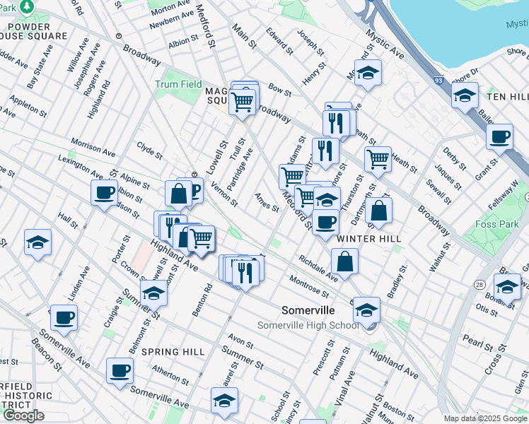 map of restaurants, bars, coffee shops, grocery stores, and more near 122 Central Street in Somerville