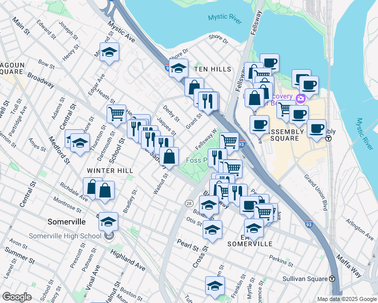 map of restaurants, bars, coffee shops, grocery stores, and more near 18 Fellsway West in Somerville