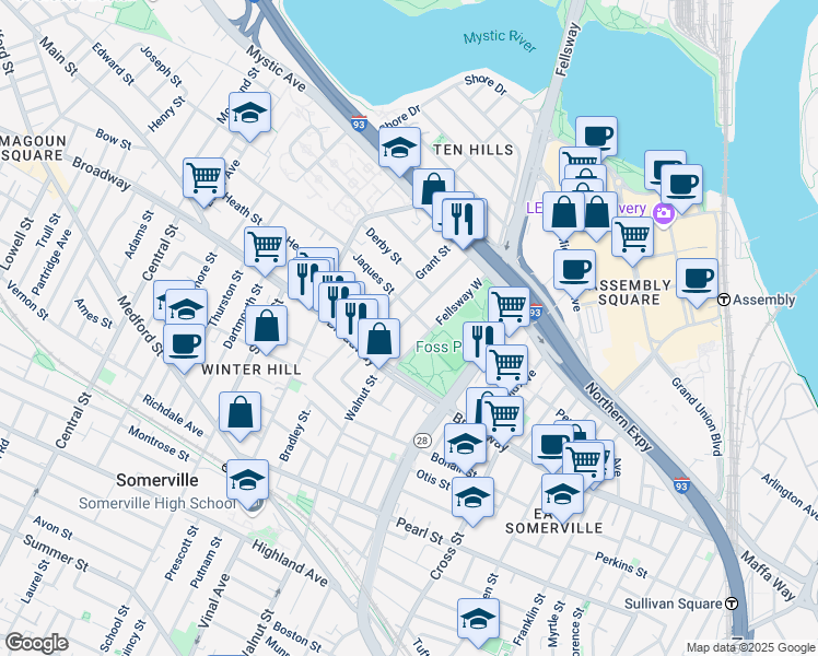 map of restaurants, bars, coffee shops, grocery stores, and more near 18 Fellsway West in Somerville