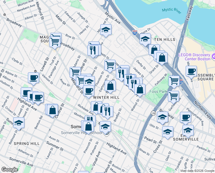 map of restaurants, bars, coffee shops, grocery stores, and more near in Somerville
