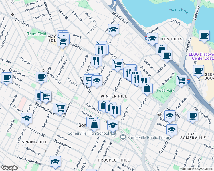 map of restaurants, bars, coffee shops, grocery stores, and more near 30 Dartmouth Street in Somerville