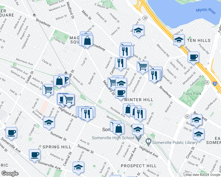 map of restaurants, bars, coffee shops, grocery stores, and more near 418 Medford Street in Somerville
