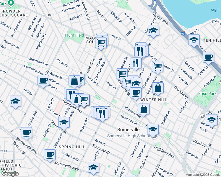 map of restaurants, bars, coffee shops, grocery stores, and more near 122 Central Street in Somerville