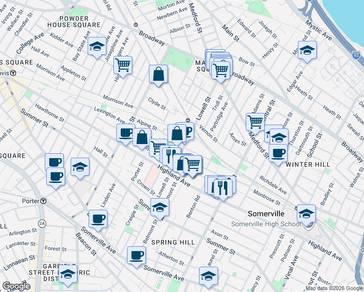 map of restaurants, bars, coffee shops, grocery stores, and more near 98 Albion Street in Somerville