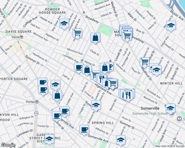 map of restaurants, bars, coffee shops, grocery stores, and more near 121 Hudson Street in Somerville