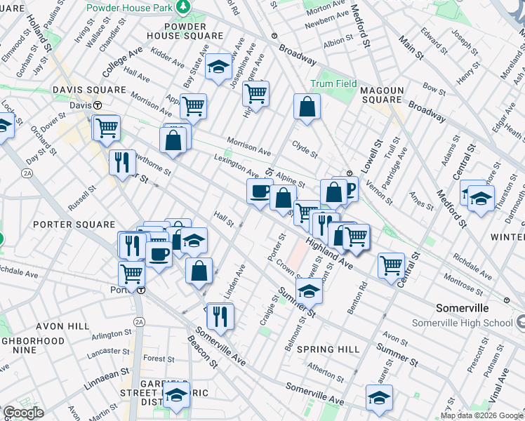 map of restaurants, bars, coffee shops, grocery stores, and more near 9 Eastman Road in Somerville