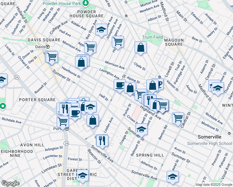 map of restaurants, bars, coffee shops, grocery stores, and more near 9 Eastman Road in Somerville