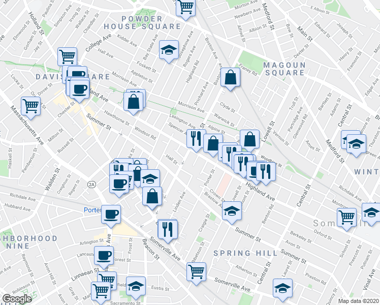map of restaurants, bars, coffee shops, grocery stores, and more near 9 Eastman Road in Somerville