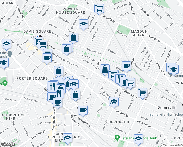 map of restaurants, bars, coffee shops, grocery stores, and more near 11 Hall Street in Somerville