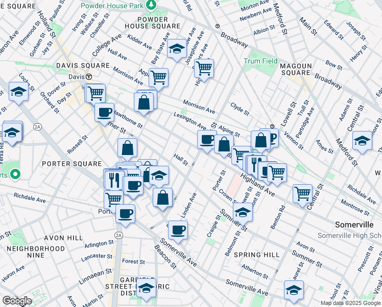 map of restaurants, bars, coffee shops, grocery stores, and more near 11 Hall Street in Somerville