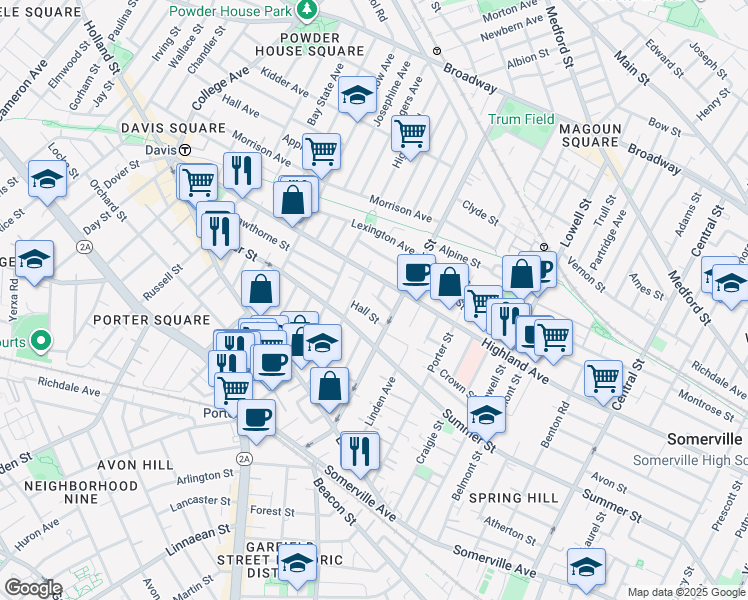 map of restaurants, bars, coffee shops, grocery stores, and more near 11 Hall Street in Somerville