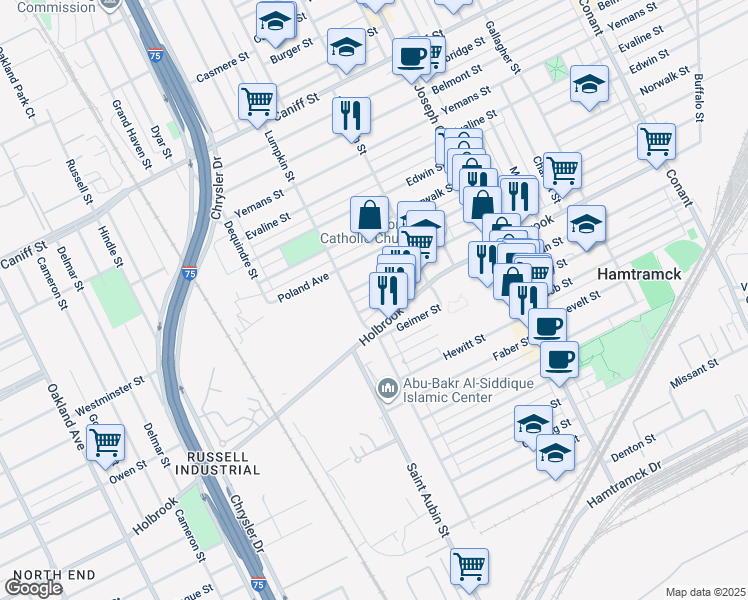 map of restaurants, bars, coffee shops, grocery stores, and more near 2222 Bernard Street in Hamtramck