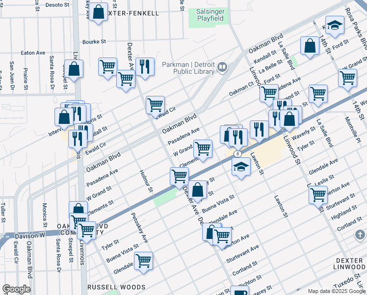 map of restaurants, bars, coffee shops, grocery stores, and more near 3300 Clements Street in Detroit