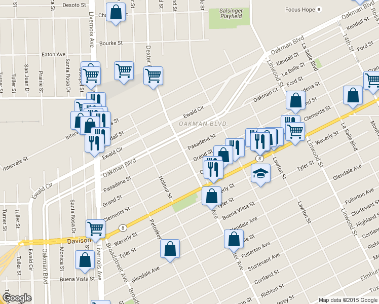 map of restaurants, bars, coffee shops, grocery stores, and more near 13700 Dexter Avenue in Detroit
