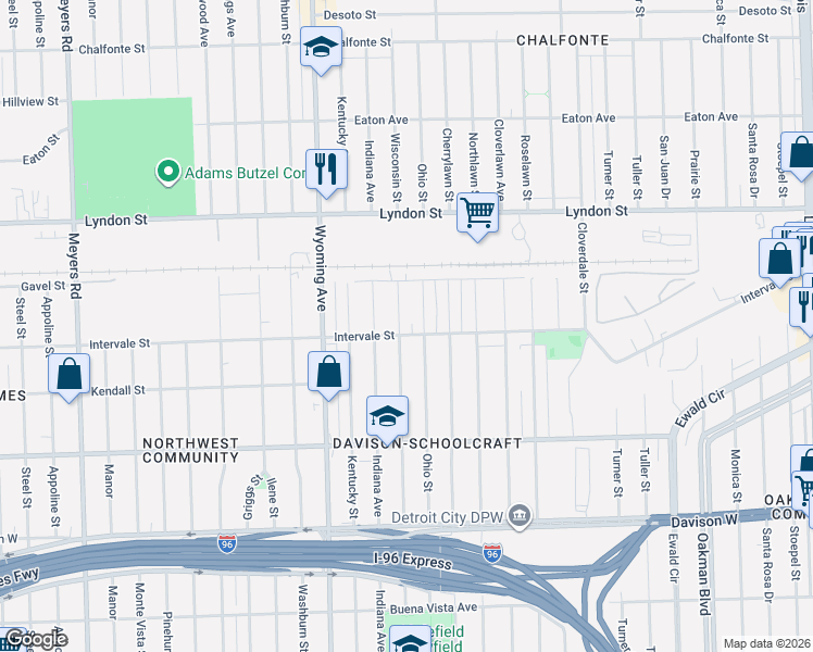 map of restaurants, bars, coffee shops, grocery stores, and more near 8609 Intervale Street in Detroit