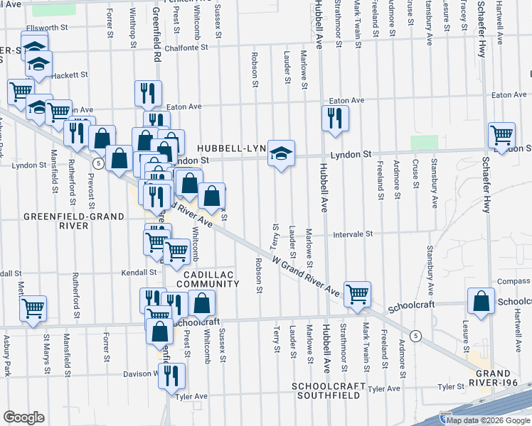 map of restaurants, bars, coffee shops, grocery stores, and more near 14241 Terry Street in Detroit