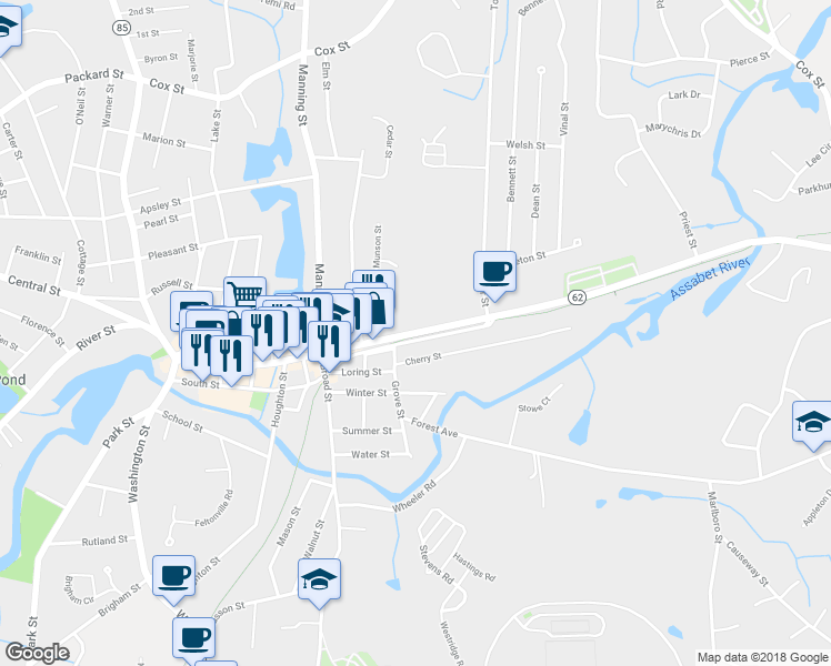 map of restaurants, bars, coffee shops, grocery stores, and more near 275 Main Street in Hudson