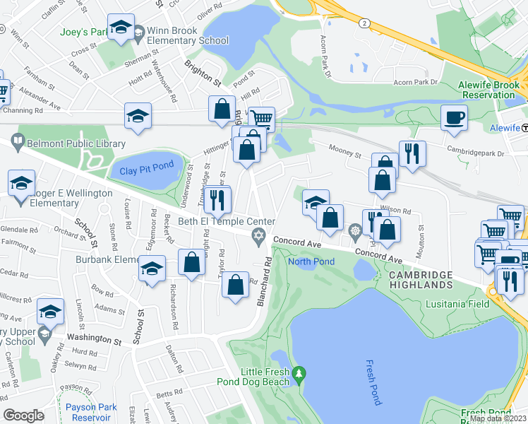 map of restaurants, bars, coffee shops, grocery stores, and more near 33 Blanchard Road in Cambridge