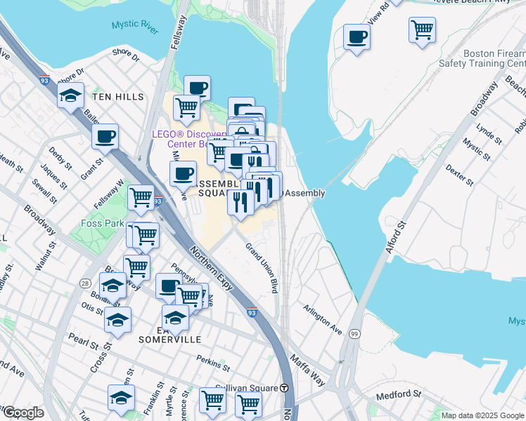 map of restaurants, bars, coffee shops, grocery stores, and more near 255 Grand Union Boulevard in Somerville