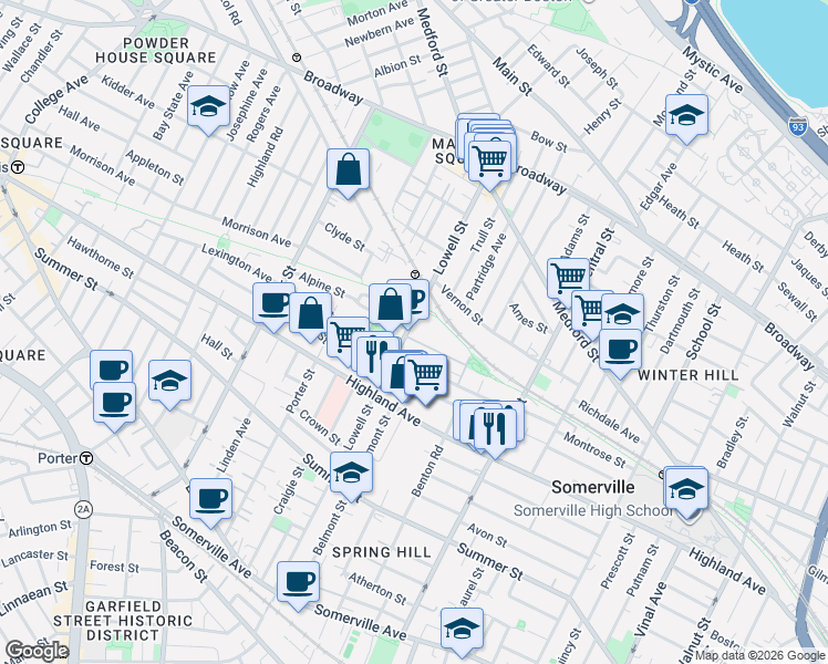 map of restaurants, bars, coffee shops, grocery stores, and more near 28 Woodbine Street in Somerville