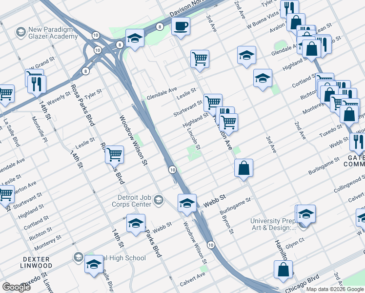 map of restaurants, bars, coffee shops, grocery stores, and more near 366 Richton Street in Highland Park