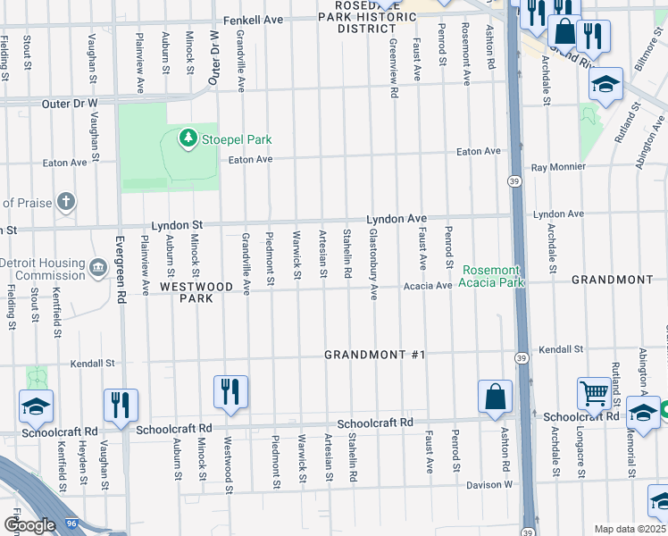 map of restaurants, bars, coffee shops, grocery stores, and more near 14313 Artesian Street in Detroit