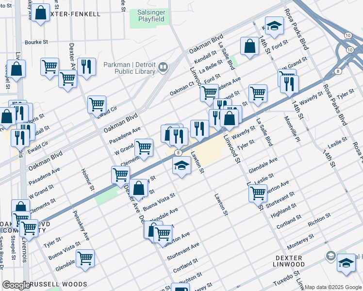 map of restaurants, bars, coffee shops, grocery stores, and more near 2901 West Davison Street in Detroit