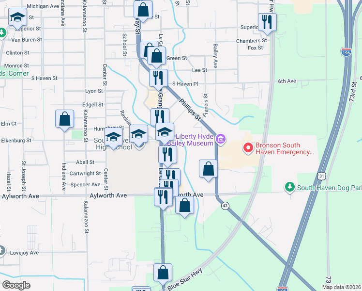 map of restaurants, bars, coffee shops, grocery stores, and more near 718 Arbor Court in South Haven