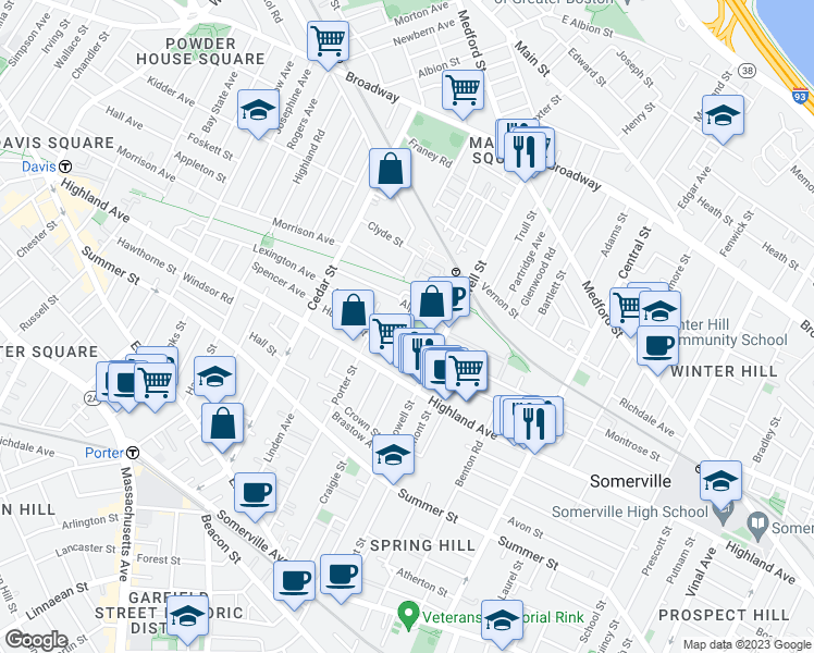 map of restaurants, bars, coffee shops, grocery stores, and more near 117 Albion Street in Somerville