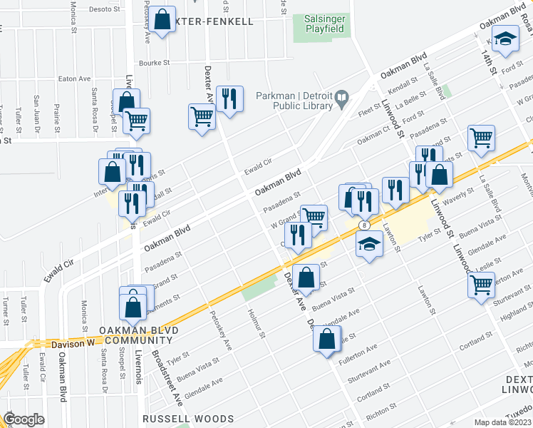 map of restaurants, bars, coffee shops, grocery stores, and more near 13750 Dexter Avenue in Detroit