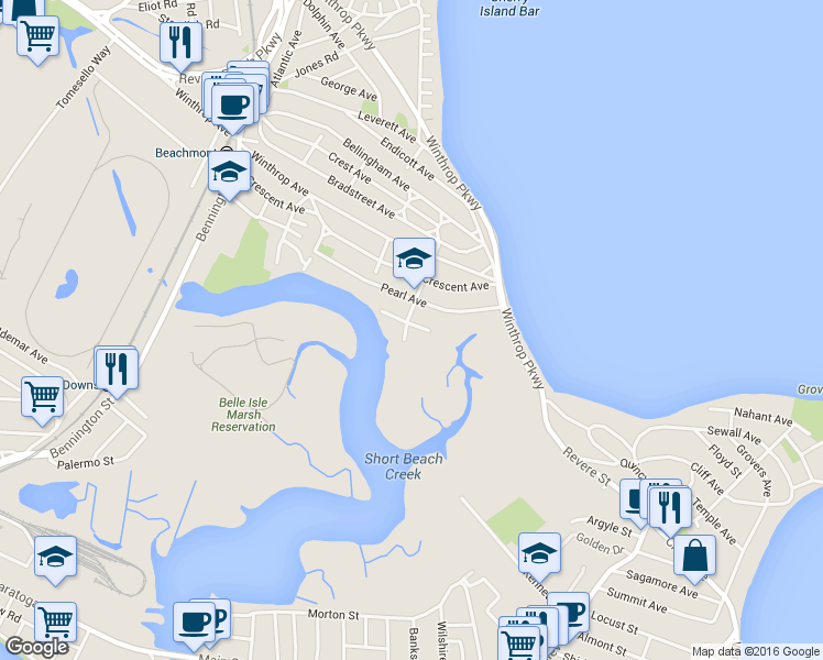 map of restaurants, bars, coffee shops, grocery stores, and more near 103 Summer Street in Revere