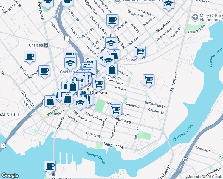 map of restaurants, bars, coffee shops, grocery stores, and more near 36 Cottage Street in Chelsea