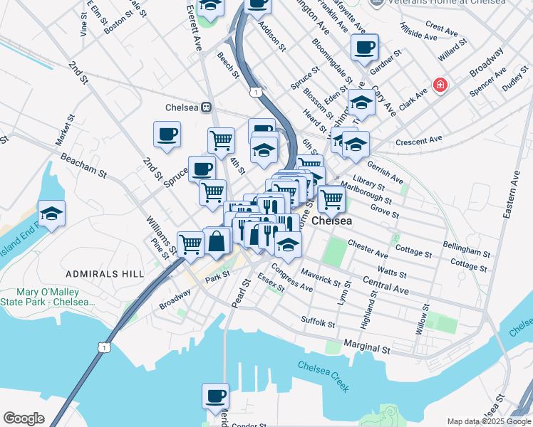 map of restaurants, bars, coffee shops, grocery stores, and more near 302 Broadway in Chelsea
