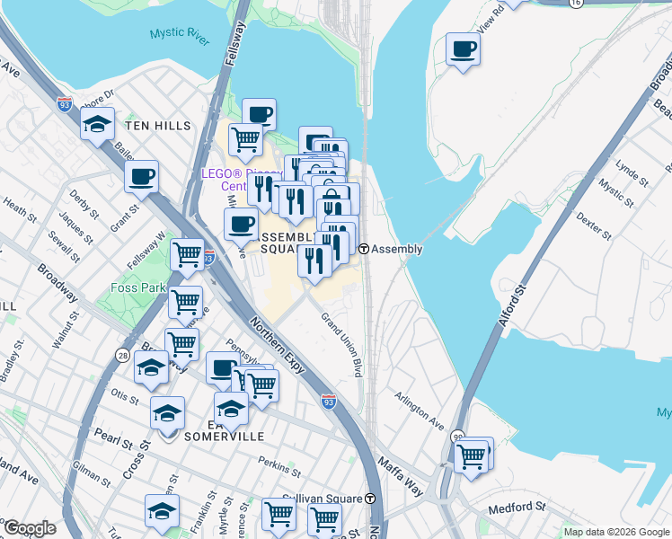 map of restaurants, bars, coffee shops, grocery stores, and more near 381 Revolution Drive in Somerville