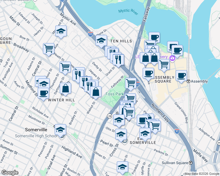 map of restaurants, bars, coffee shops, grocery stores, and more near 49 Fellsway West in Somerville