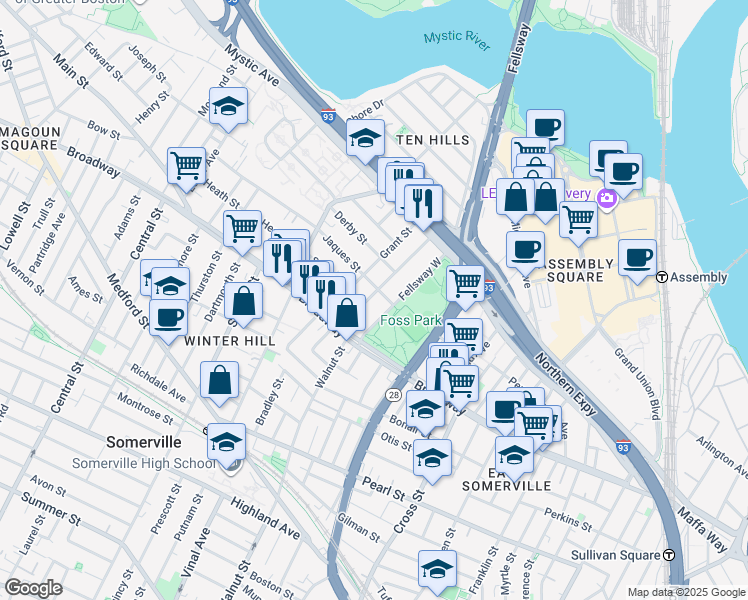map of restaurants, bars, coffee shops, grocery stores, and more near 18 Fellsway West in Somerville