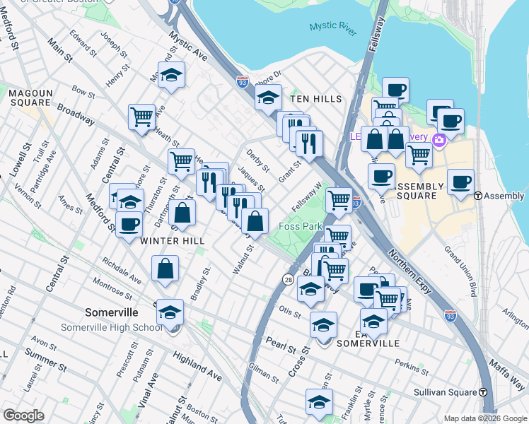 map of restaurants, bars, coffee shops, grocery stores, and more near 18 Fellsway West in Somerville